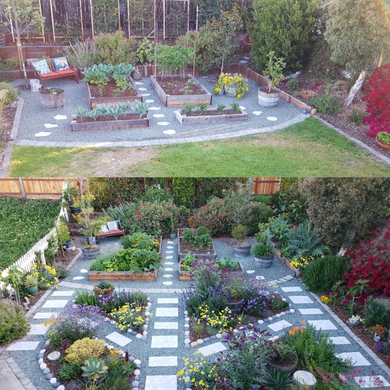 Before and after. The top photo shows July 2016 from the roof, with just a couple garden beds and a lot of grass remaining. 
Bottom: Spring of 2018 from the roof, the new pollinator paradise in full bloom, and the rest of the grass is gone.