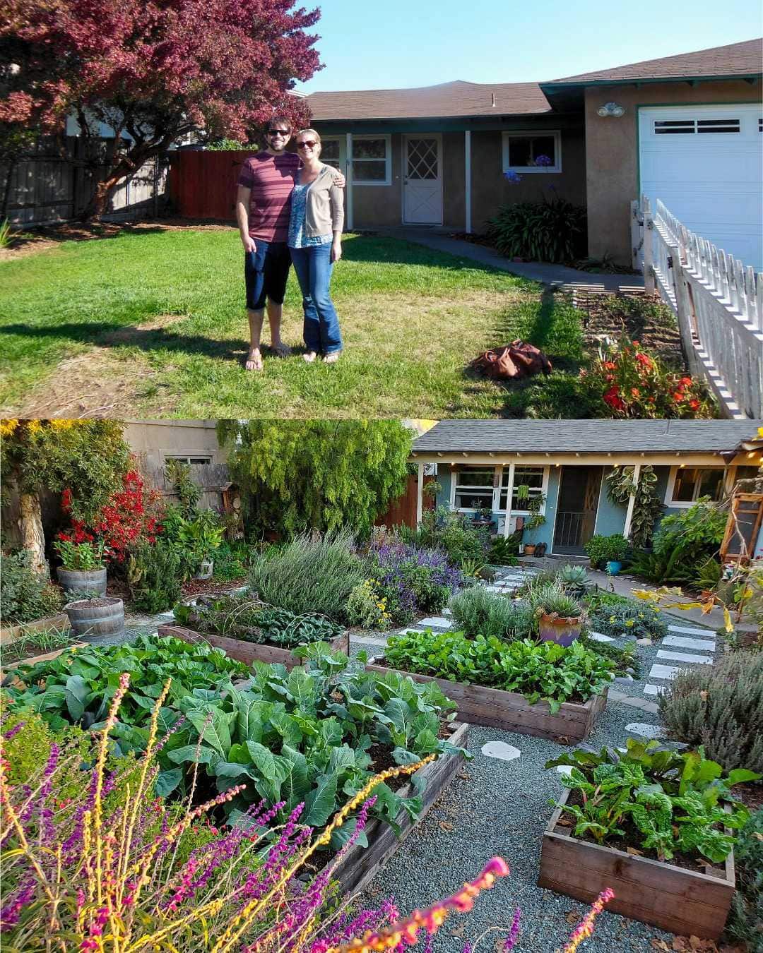 A two part image collage that shows a before and after photograph of the front of the house. The first image shows Aaron and DeannaCat standing in their front yard which is mostly grass. The second image shows a similar angle of the front of the house yet now the yard is full of annual and perennial plants for pollinators, raised garden beds full of vegetables, trees, shrubs, vines, landscaped with gravel and paver walkways. 
