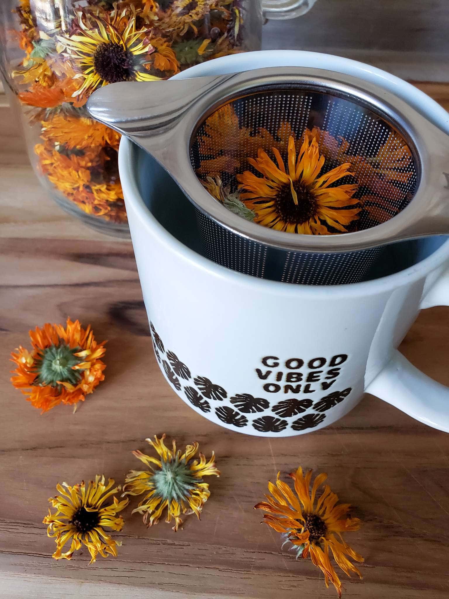 A mug that reads "good vibes only" on the side, with a stainless steel tea infuser perched inside. Several dry calendula heads are inside the infuser, along with laying around the base of the tea mug and in a jar in the background. 