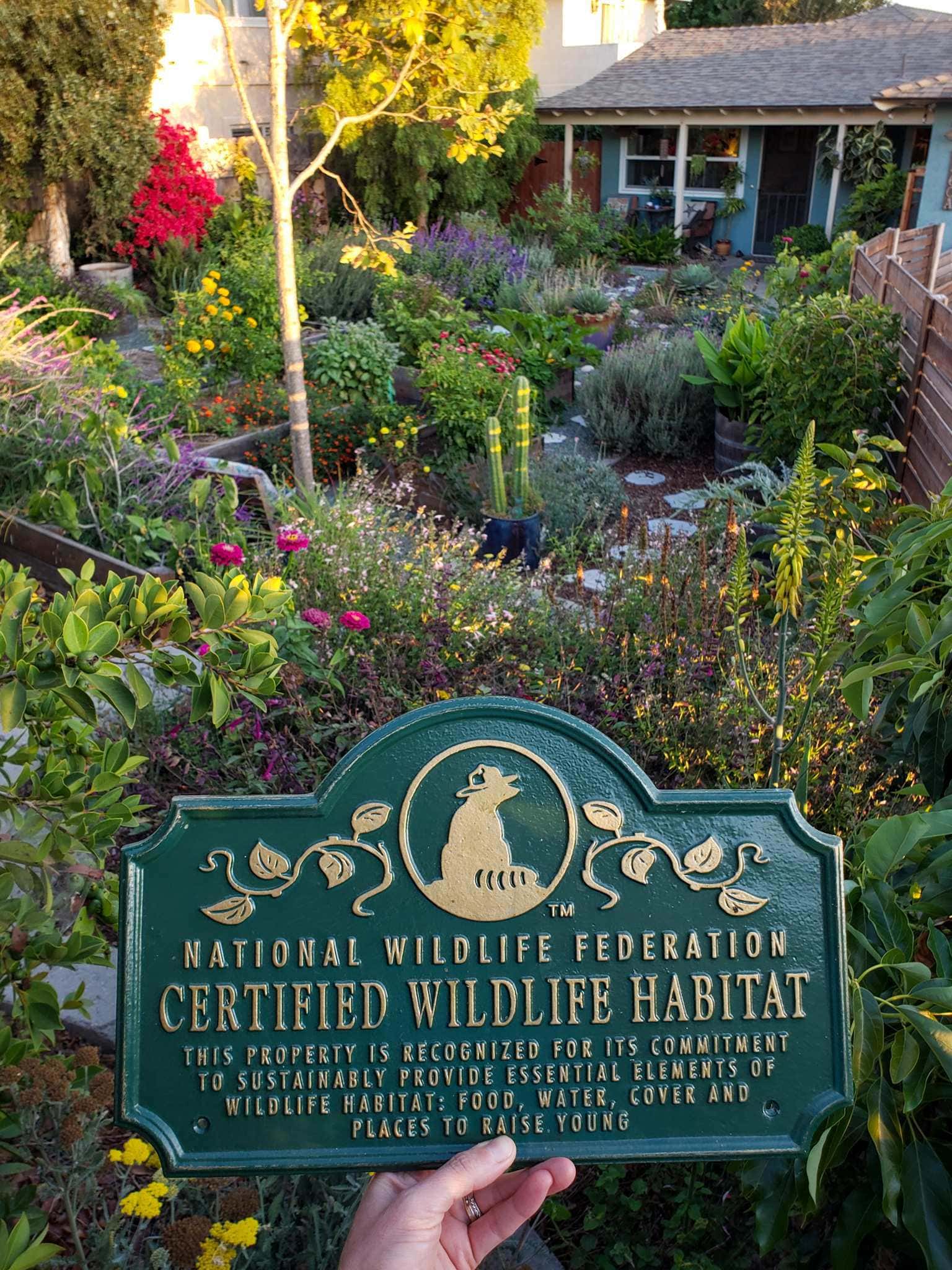 A hand is holding a plaque that states that the garden is a Certified Wildlife Habitat, beyond the sign lies trees, perennials, annual flowers, and edible vegetables. Colors range from every shade of green, to purple, pink, red, and yellow. There are more plants the clear ground space, providing all of the things needed for wildlife. 