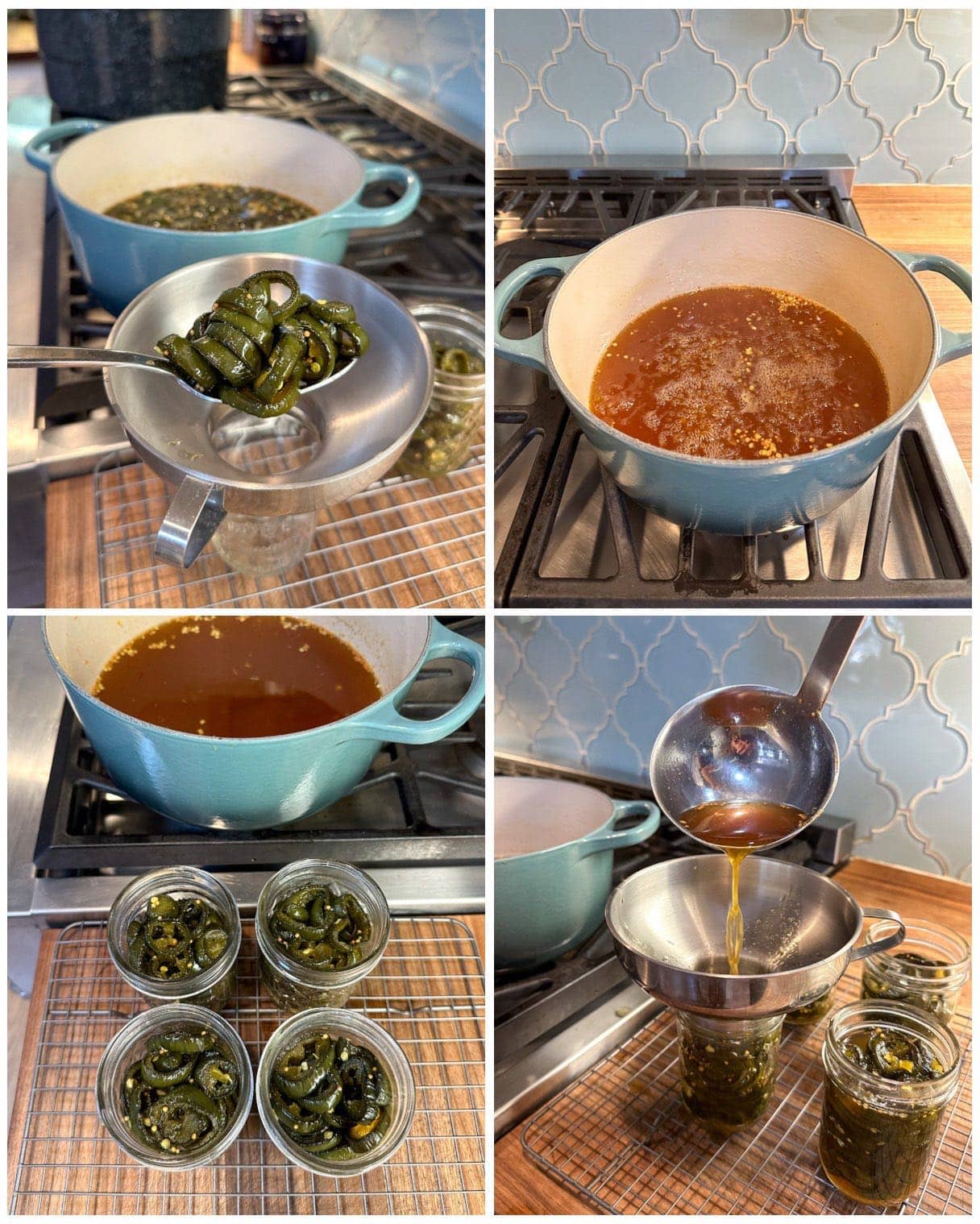 A four way image collage, the first image shows a spoonful of cooked peppers that are being held over a mason jar with a canning funnel on top of it. A blue pot sits on the stovetop beyond. The second image shows the blue pot with a vinegar syrup boiling away to reduce its volume. The third image shows four half pint jars sitting on top of a cooling rack with the blue bot of sugary brine sitting just beyond on the stove. the fourth image shows a ladle being used to pour the brine into the half pint jars using a canning funnel. 