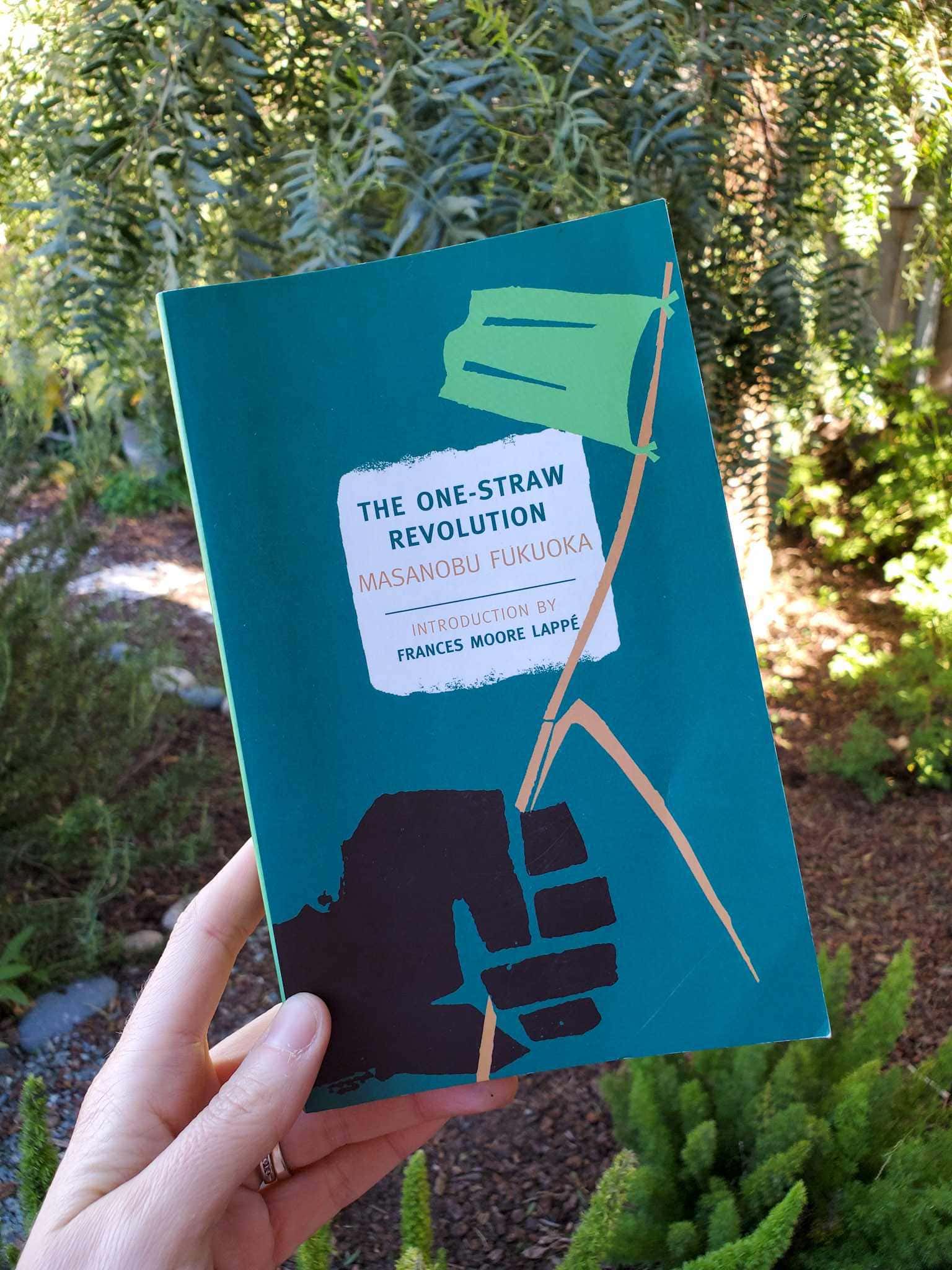 DeannaCat is holding the book, "One Straw Revolution" by Masanobu Fukiuoka. Beyond lies a yard space with rosemary, foxtail ferns, a pepper tree, and various other plants. 