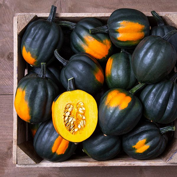 Many small acorn squash sit in a wooden box, their skin is dark green in color with a single splotch of orange, one of the fruit has been cut in half to show its bright yellowish orange flesh. 