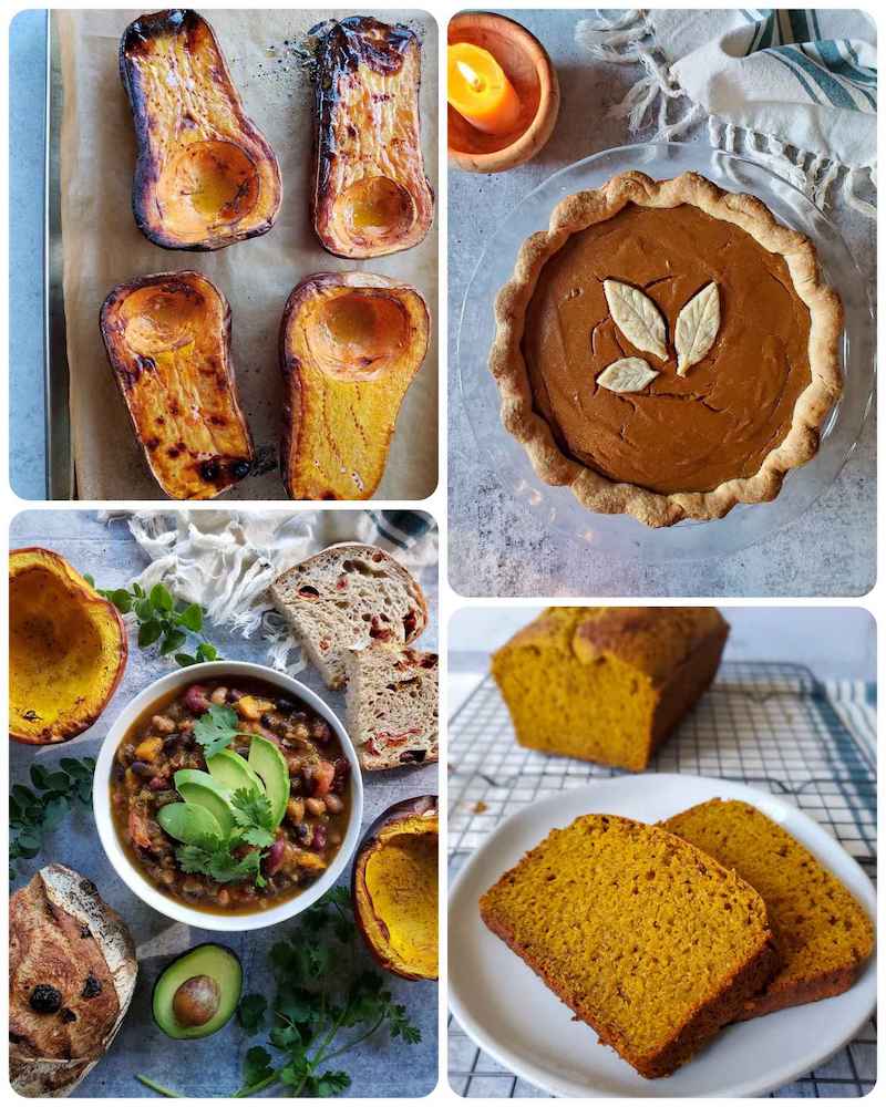 A four way image collage, the first image shows 4 halves of butternut squash cut lengthwise sitting face up on a baking sheet. They have been roasted in the oven and contain caramelized brown and black spots throughout the flesh.  The second image  shows a baked butternut "pumpkin" pie sitting in a glass pie container. The third image shows a birds eye view of a bowl of pumpkin chili garnished with cilantro and avocado slices. Sliced bread and a half roasted pumpkin garnish the are surrounding the bowl. The fourth image shows two slices of pumpkin bread sitting on a small white plate, beyond is the rest of the pumpkin bread sitting on a wire cooling rack.