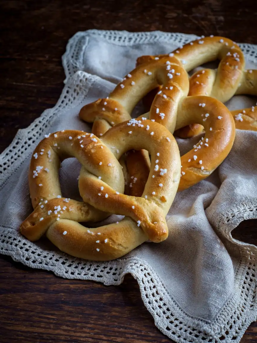 Three soft pretzels with chunky salt sticking to the outside are lined up in a row, one after the next on a towel. Use this sourdough discard recipe to make delicious pretzels.