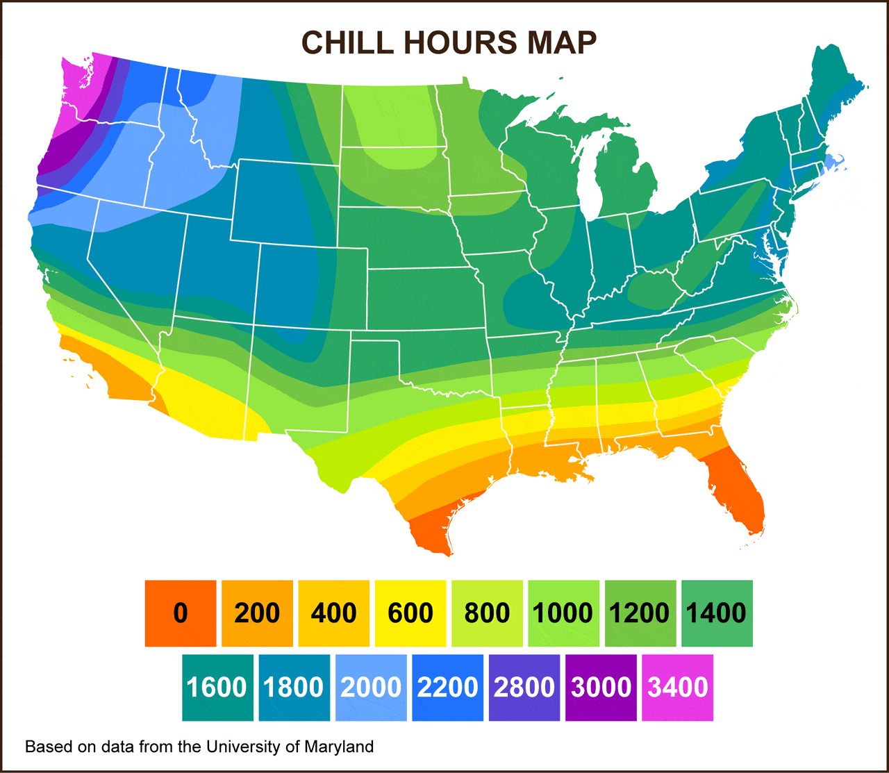 A map of the United States, showing the chill hours by region. The map is a range of purple, blue, green, yellow, to orange in color, showing the colder regions to the warmer ones. There is a table below reflecting the colors by chill hours, orange being zero chill hours and the coldest purple being the most chill hours with 3400.