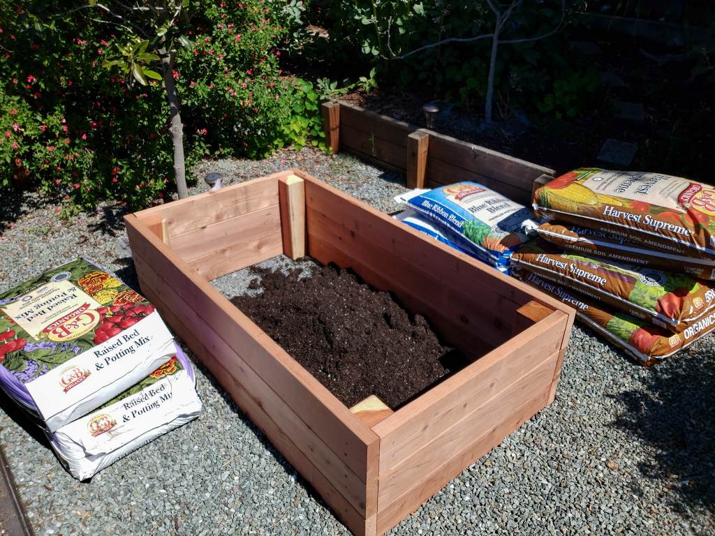 An image of an almost empty wood raised bed. It is five foot by three feet, and 18 inches deep. Various bagged soils lay around the outside of it, waiting to be added. 