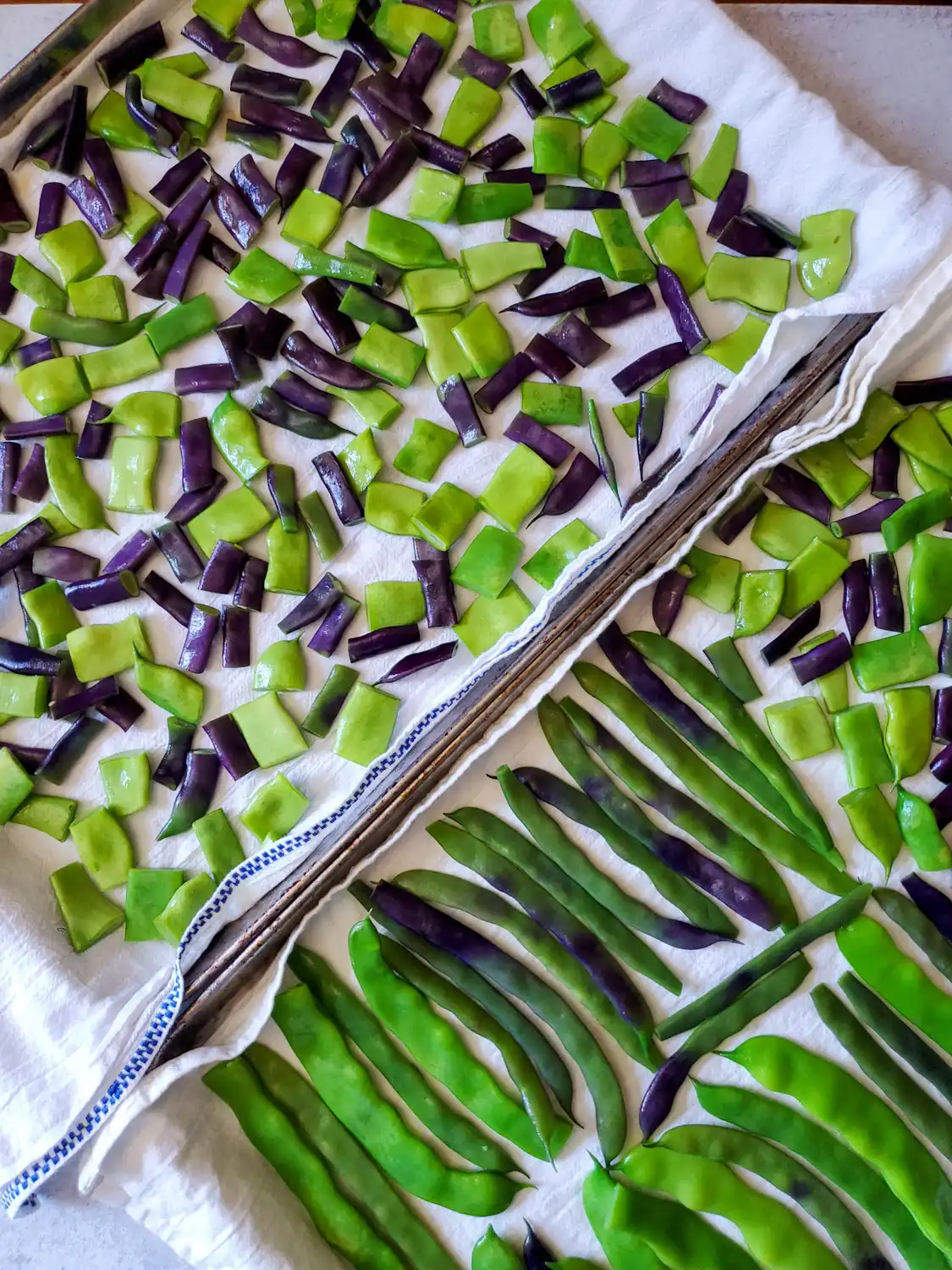 Purple and green veggies lay out on towels to air dry, some have been cut into pieces while others have been left whole. 