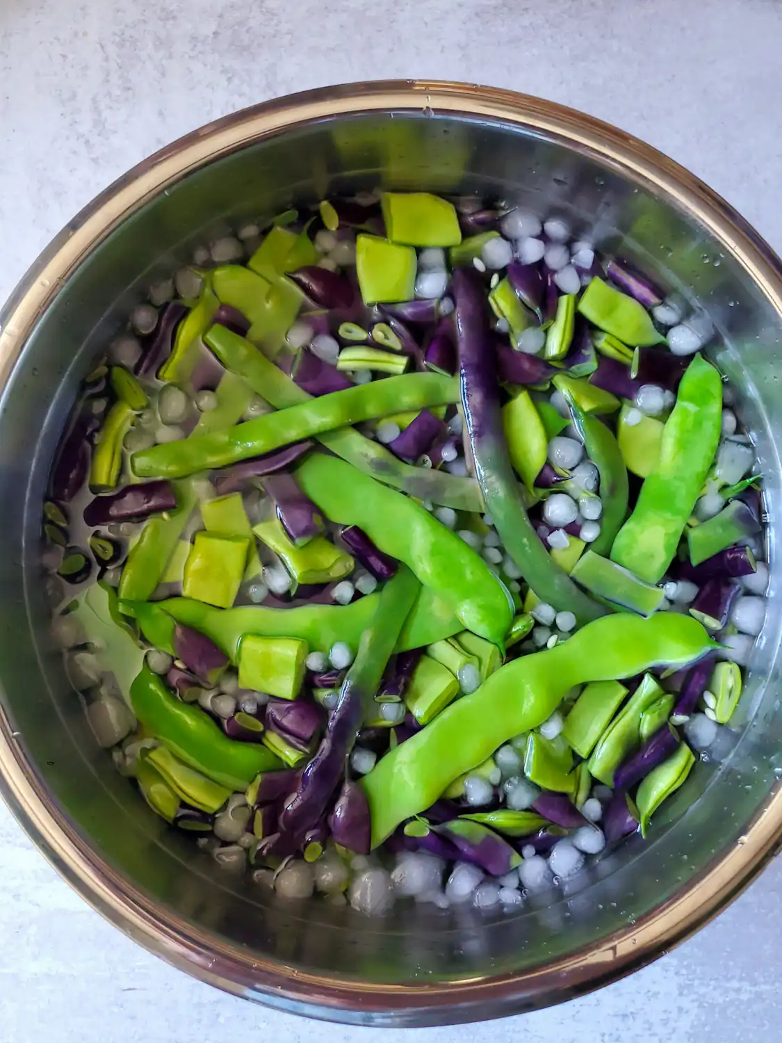 A stainless steel bowl full of ice, water, and some cut and whole green beans that will be stored in the freezer once finished processing. 