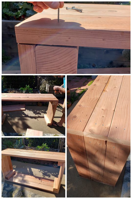 A four way image collage, the first image shows screws being inserted into the corner of a bed, connecting the 2x6 side boards with the 4x4 corner pieces, the second image shows Aaron standing up, using a power drill to screw the corner of a bed together.  The 3rd and 4th image both shows the raised garden bed on its side, fully constructed aside from hardware cloth and landscape fabric if necessary. 