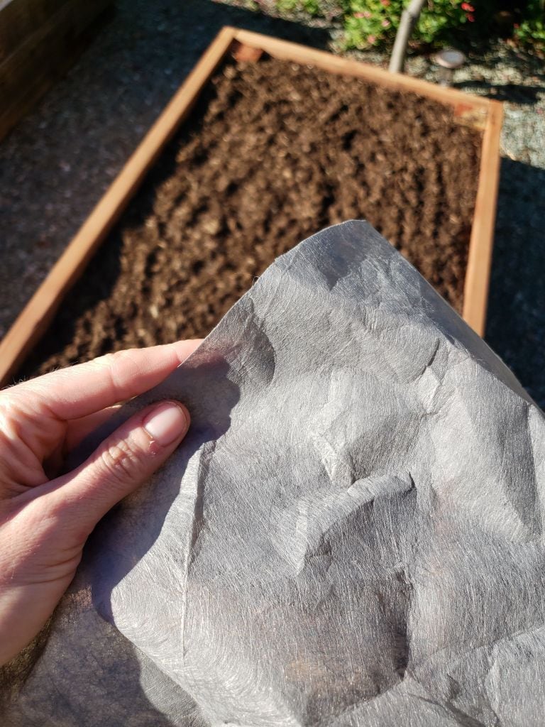 A hand holding grey white fabric over a raised bed. The weed block fabric used under the beds. 