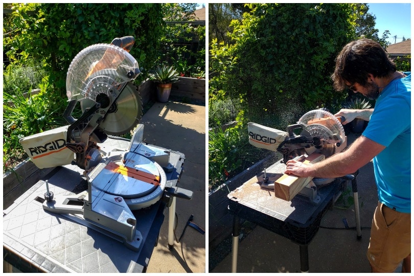 Two side by side images of a miter saw on a workbench, being used to cut redwood boards on a garden patio.