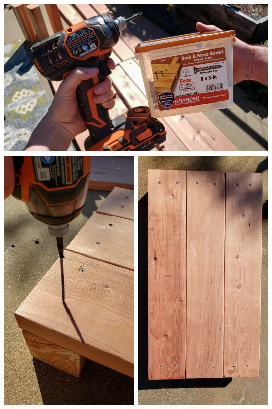 A three way image collage, the first image shows two hands, one is holding an impact driver power tool while the other holds a box of decking screws. The second image shows the drill being used to fasten screws to the side of the 2x6 boards, into the 4x4 corner pieces. The third image shows a completed garden bed end piece from a birds eye view as it lays flat. 