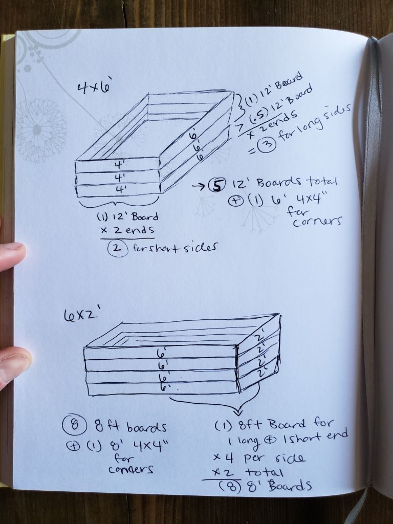 A photo of two sketches of raised beds, one 2 by 6 feet and one 4 by 6 feet, showing the math and calculations being added up to see how much lumber is required for the project. 
