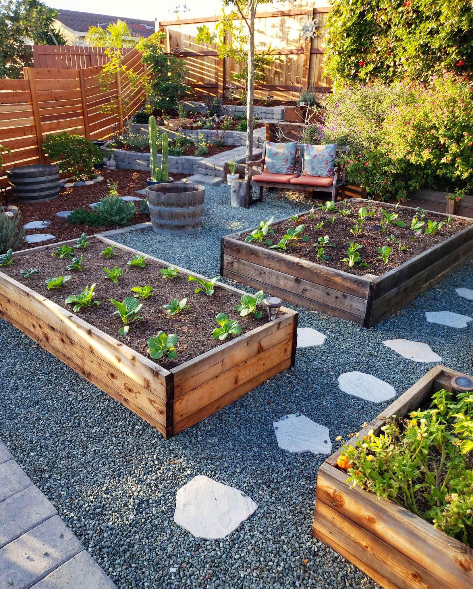 A few raised garden beds surrounded in gravel hardscaping, a horizontal slotted fence is along the border with a 3 tiered terrace in the corner made of thick roman pavers. 