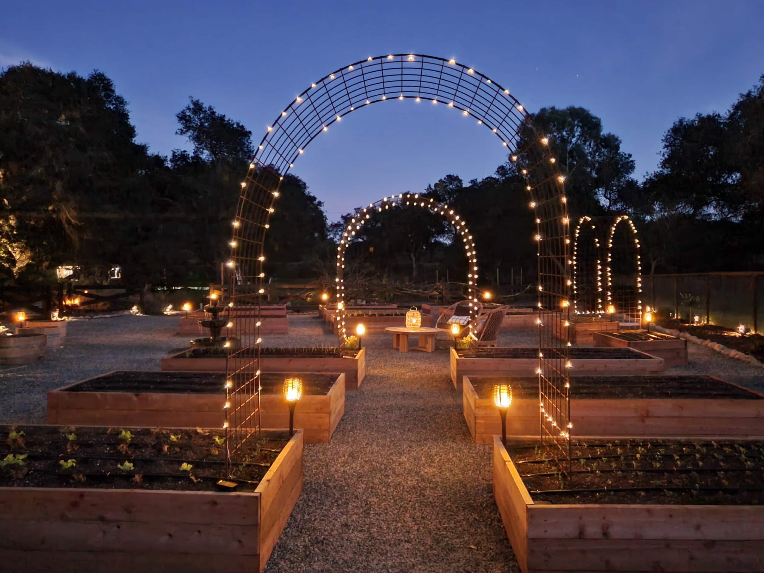 An image of a raised bed garden at dusk, arches are spanning a walkway with an end of each arch in a garden bed opposite of it, the arches are wrapped in solar powered string lights that are lit in the prevailing darkness. 