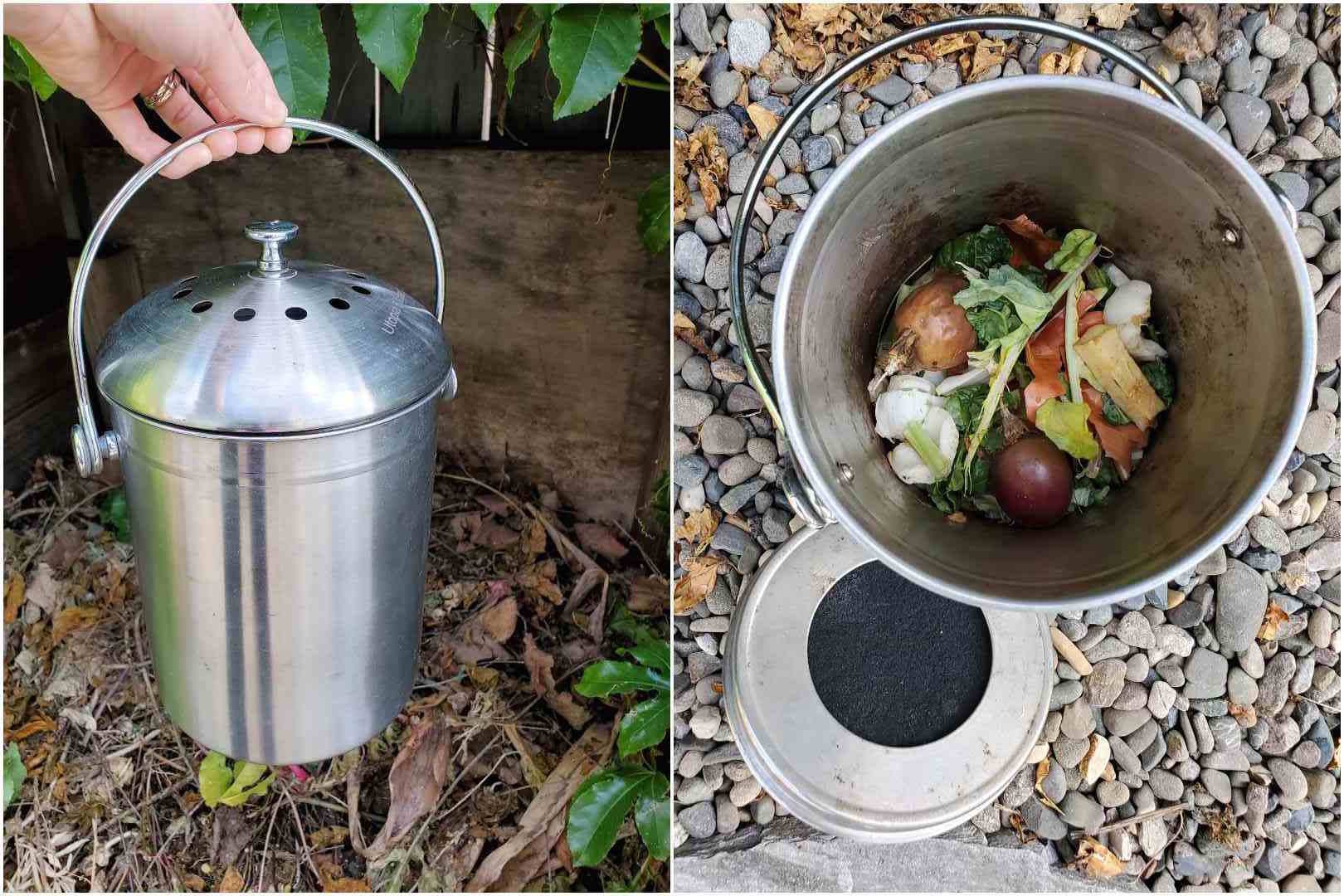 A two part image collage, the first image shows a hand holding a stainless steel compost crock by the handle. They are holding it above a passive compost pile. The second image shows the compost crock on the ground with its lid off, there is some vegetable debris in the bottom third of the crock that will be composted shortly. The inside of the lid is also visible which reveals a black carbon filter that is nestled into it to keep the odors at bay. 