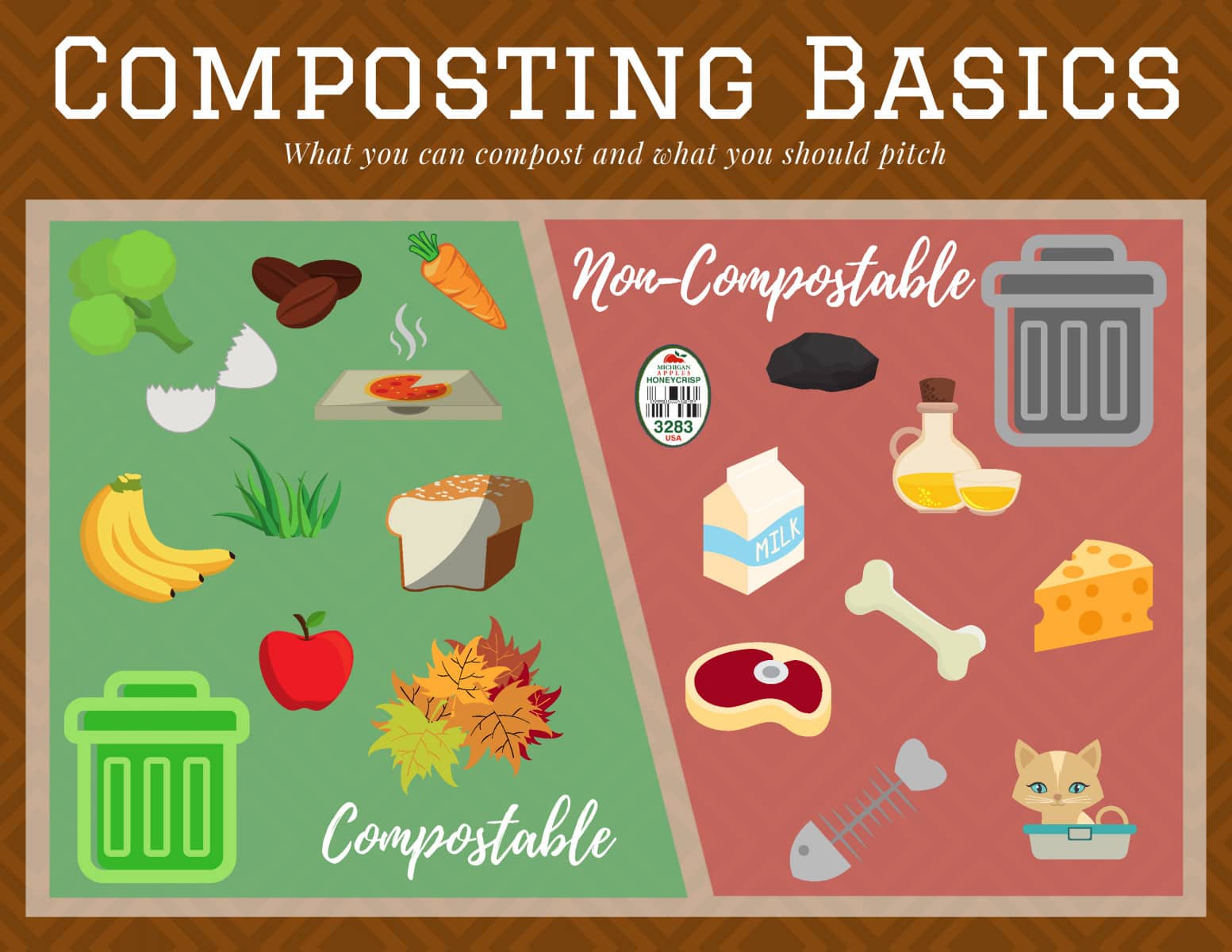 A composting basics diagram is shown. On one half of the diagram is compostable material such as leaves, apples, bread, coffee, egg shells etc. On the other side of the diagram is the non-compostable material such as bones, meat, dairy, stickers, coal, cat or dog waste etc. 