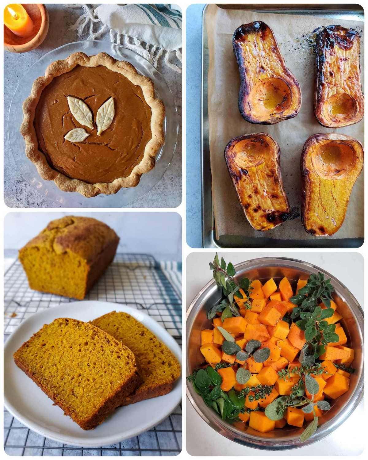 A four way image collage, the first image shows a baked butternut "pumpkin" pie sitting in a glass pie container. The second image shows 4 halves of butternut squash cut lengthwise sitting face up on a baking sheet. They have been roasted in the oven and contain caramelized brown and black spots throughout the flesh. The third image shows two slices of pumpkin bread sitting on a small white plate, beyond is the rest of the pumpkin bread sitting on a wire cooling rack. The fourth image shows a metal bowl full of cubed butternut squash that are sitting amongst fresh herbs like oregano, sage, and thyme. Grow winter squash to create a variety of delicious homemade meals. 