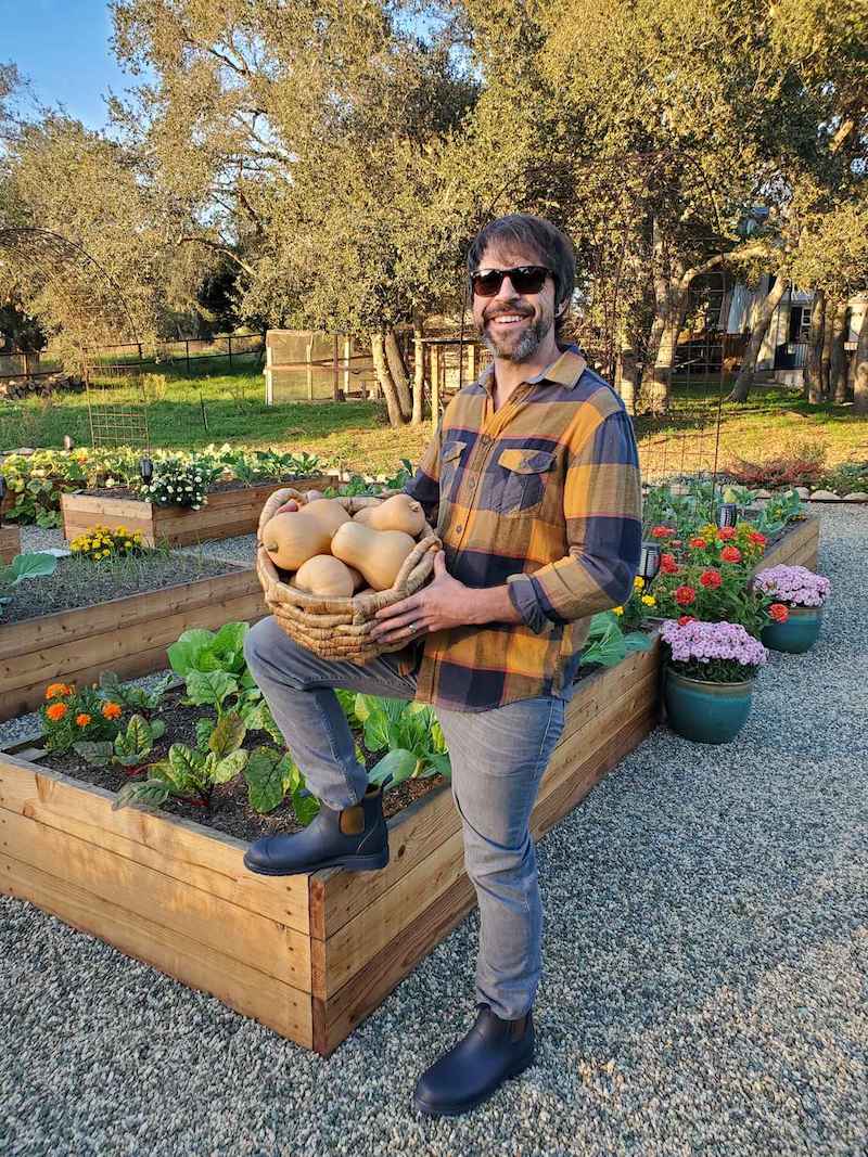Aaron is holding a wicker basket full of freshly harvested butternut squash. His  foot is resting on the corner of a raised garden bed that contains chard and cabbage. 