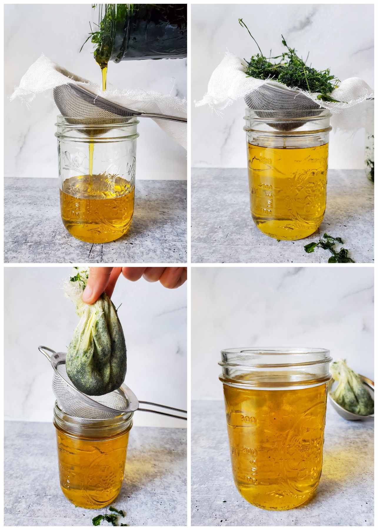A four way image collage, the first image shows a jar with a fine mesh strainer and cheesecloth resting over the top of it while a jar of infused oil is poured into it from above. The second image shows the jar after the infused oil has been strained, the strainer and cheesecloth now contain the infused plant material that was strained out. The third image shows a hand holding the cheesecloth as one would a tea bag, it has been squeezed to render out any oil that was left within the plant material. The fourth image shows the jar of infused oil, the cheesecloth of plant material is in the background. 