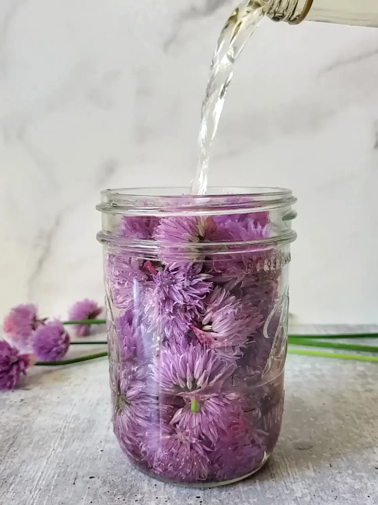 A stream of clear liquid is streaming down from the top of the image into a pint mason jar full of purple flower blooms. 