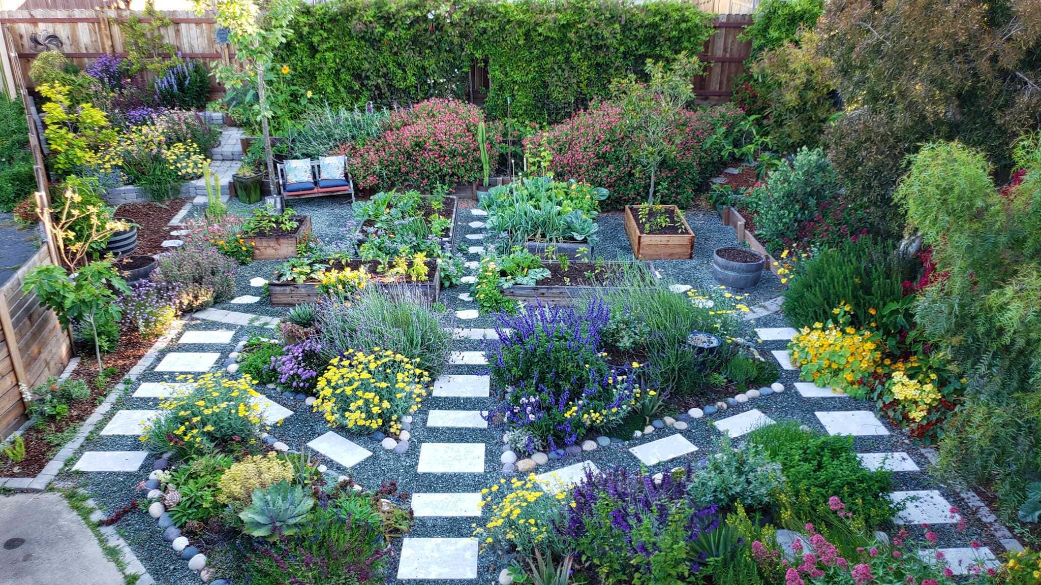 A view from the roof of a house, looking down upon and neatly laid out front yard garden. There are four small pollinator sections in the front with various perennials and raised garden beds laid out in the back section of the yard. There is gravel pathways lined with stone pavers throughout. The perimeter of the yard is lined with various trees, perennials, annuals, and vines. Colors of the yard range from green, to purple, to pink, to yellow, and many shades in between. 