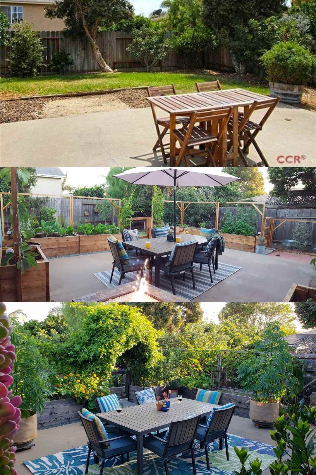 A three part image collage of the backyard patio. The first image shows the patio as it was taken while the house was listed for sale, there is a small patio table with chairs, some grass, and a sand pit of sorts. The second image shows the backyard patio garden after the garden beds and trellises have been installed surrounding the concrete patio. There are plants growing in every bed, a larger patio table on top of an outdoor rug, and a lit gas fireplace in the foreground. The third image shows the backyard patio after many of the plants have grown in, the main one being the passionfruit vine which has covered the metal arch over the gate to the backyard area. There are much more plants than before as the image is mostly green. 