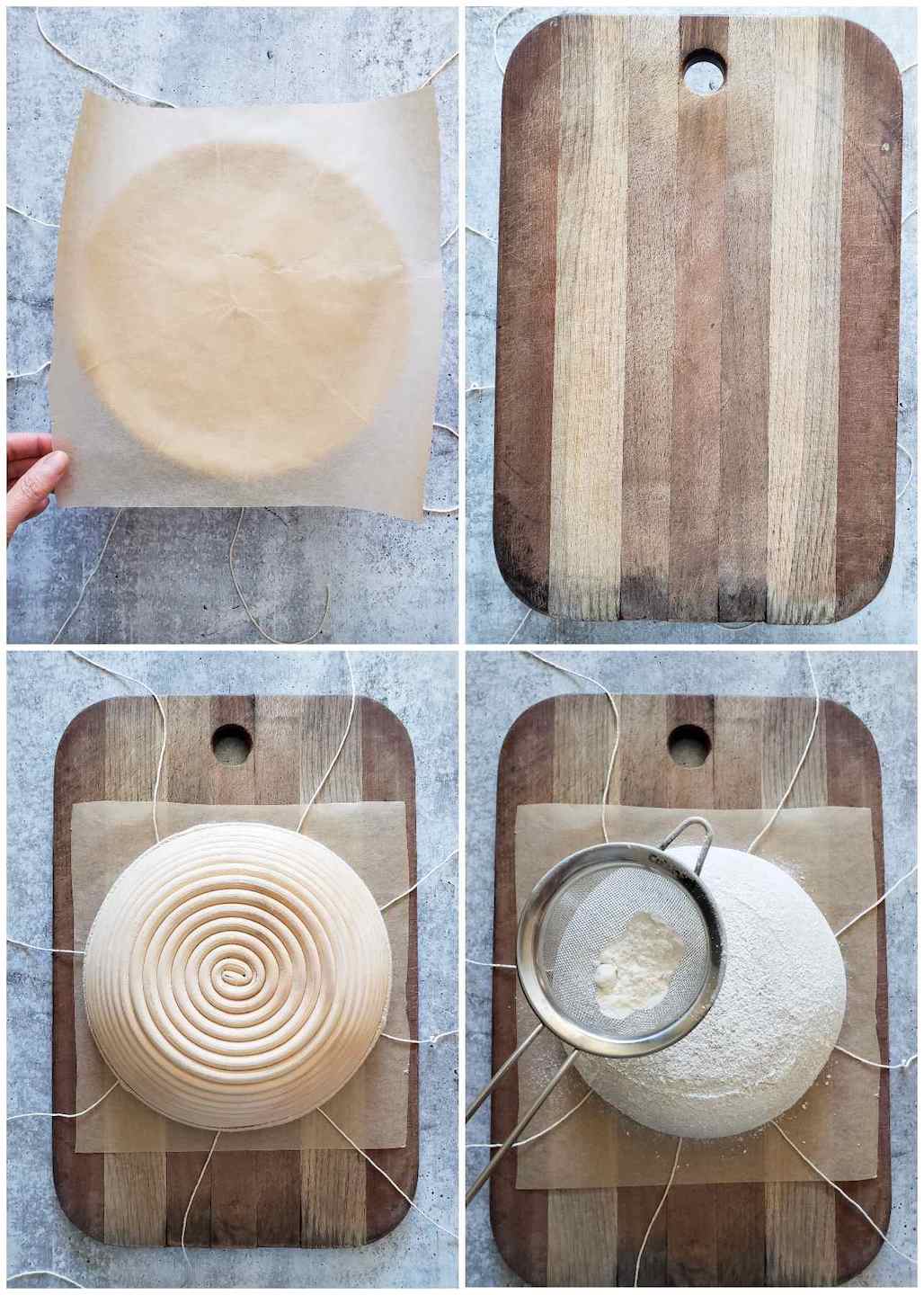 A four way image collage, the first image shows a piece of parchment paper on top of a banneton. The second image shows a cutting board that is now on top of the parchment and banneton. The third image shows the banneton now upside down sitting on top of the cutting board and parchment paper. Eight pieces of string are emanating from the bottom of the loaf like rays from the sun. The fourth image shows the banneton removed, leaving behind a fresh loaf of dough. A small strainer is being used to sift flour over the top of the dough. 