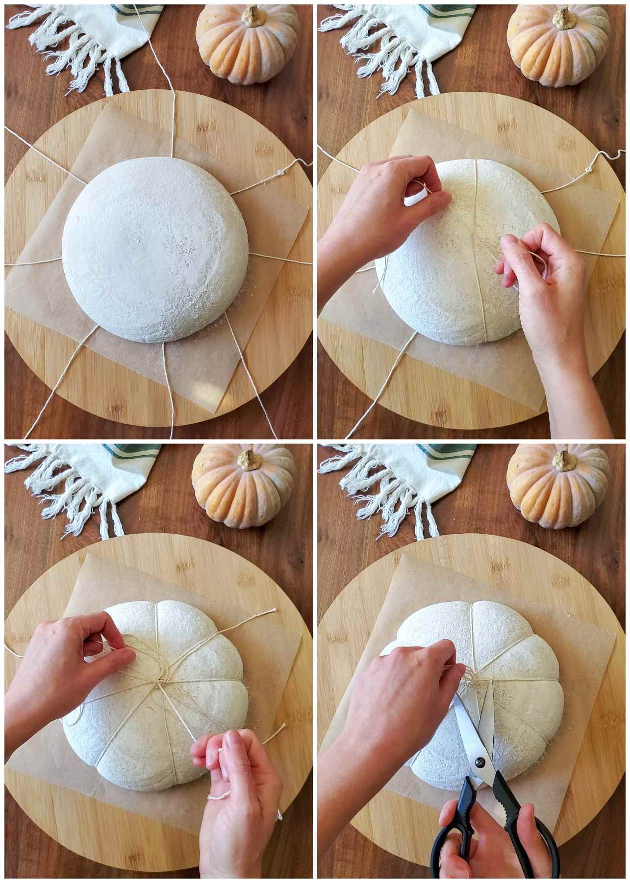 A four way image collage, the first image shows a raw loaf of dough with eight pieces of string extended out from underneath the dough like sun rays. The second image shows two hands tying two string opposite from each other in the middle. The third image shows two hands tying off the final two strings in the middle after creating eight pie slice shaped sections in the loaf. The fourth image shows scissors being used to cut off the excess string around the knot that is in the middle of the dough. 