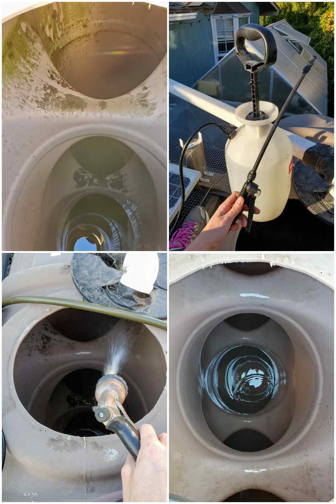 A four part image collage, the first image shows the inside of the rain tank before it has been cleaned. There are collections of algae here and there throughout the inside. The second image shows a person on top of the tank, holding a pump sprayer that has been filled with a dilute bleach mixture. The third image shows a hand spraying down the inside of the tank with a hose to help wash off the bleach spray that was previously applied. The fourth image shows the inside of the tank after it has been cleaned, there isn't a lot of algae growth left, most of it being removed in the cleaning process.  It is now ready for rainwater collection. 