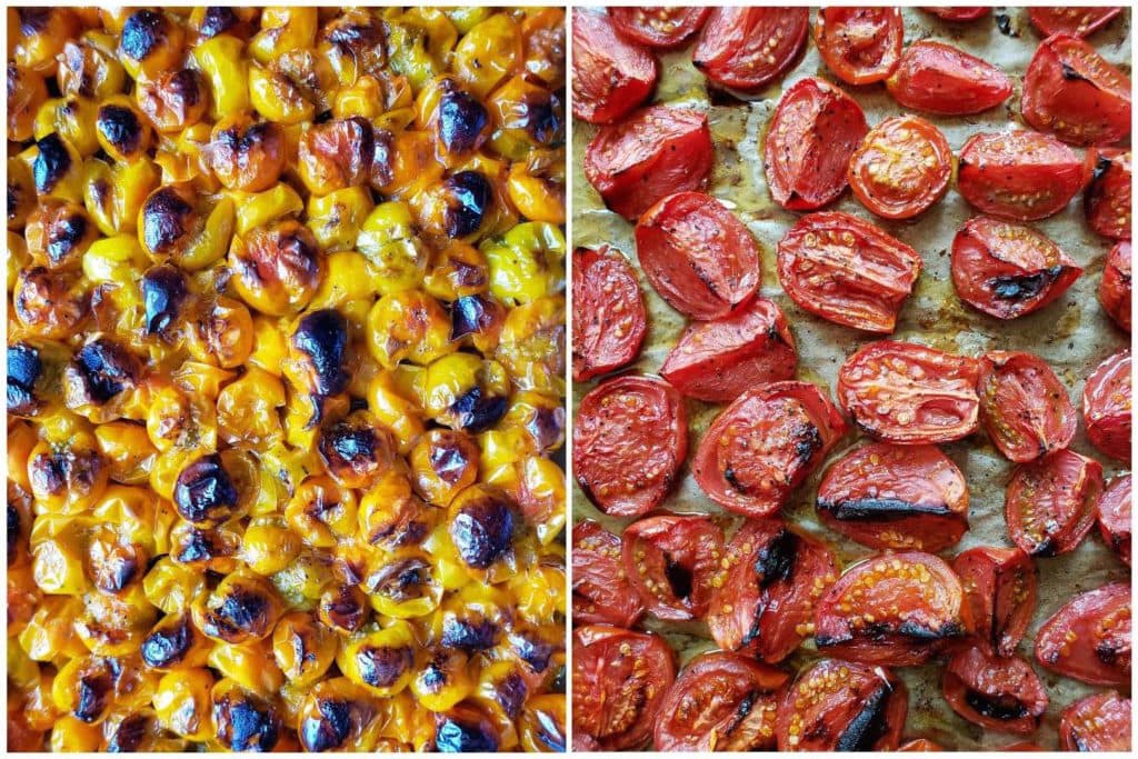A two way image collage, the first image is a close up of the sungold tomatoes after they have been roasted. They are now slightly shriveled from their juicing exploding during the roasting. Many of the tomatoes have been caramelized and are light to dark brown and even black in some spots. The second image shows a close up of the red tomatoes after roasting. The tomatoes have retained more of their insides compared to the sungolds, yet they still show signs of caramelization and have diminished slightly in size. 