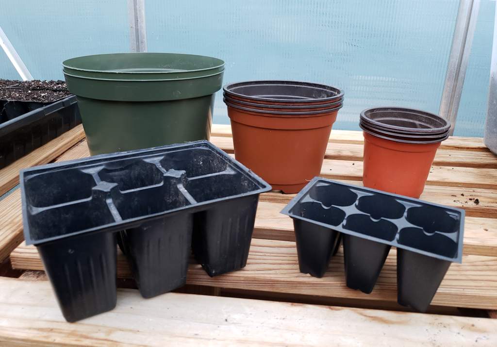 Different types and sizes of reusable containers that can be used to start seeds, including small pots and six packs. 