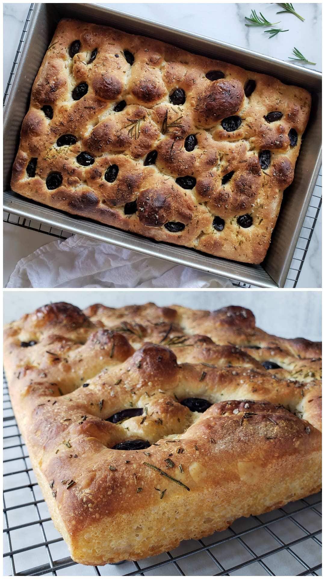 A two part image collage, the first image shows a baking dish full of sourdough focaccia after it has been baked. The top is golden brown to darker brown in some spots and the bread has pulled away from the sides of the pan as it baked. The second image shows the bread cooling on a wire rack, it is a close up image of the side of the bread, illustrating the golden honey colored crispy crust that forms on the bread that was in contact with the baking pan.