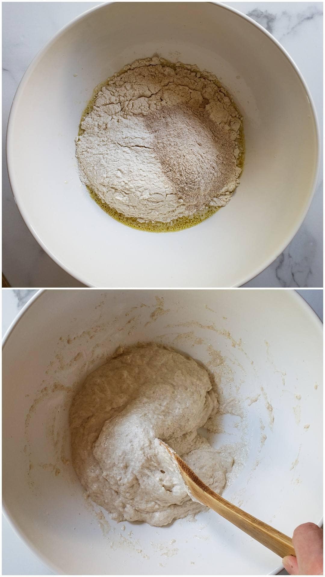 A two part image collage, the first image shows the ingredients (flour, salt, sourdough starter, oil, water, and salt) inside a white ceramic mixing bowl. The second image shows the same ingredients after they have been combined using a wooden spoon. The spoon is also pushing part of the dough towards the center of the bowl, illustrating the consistency of the dough.