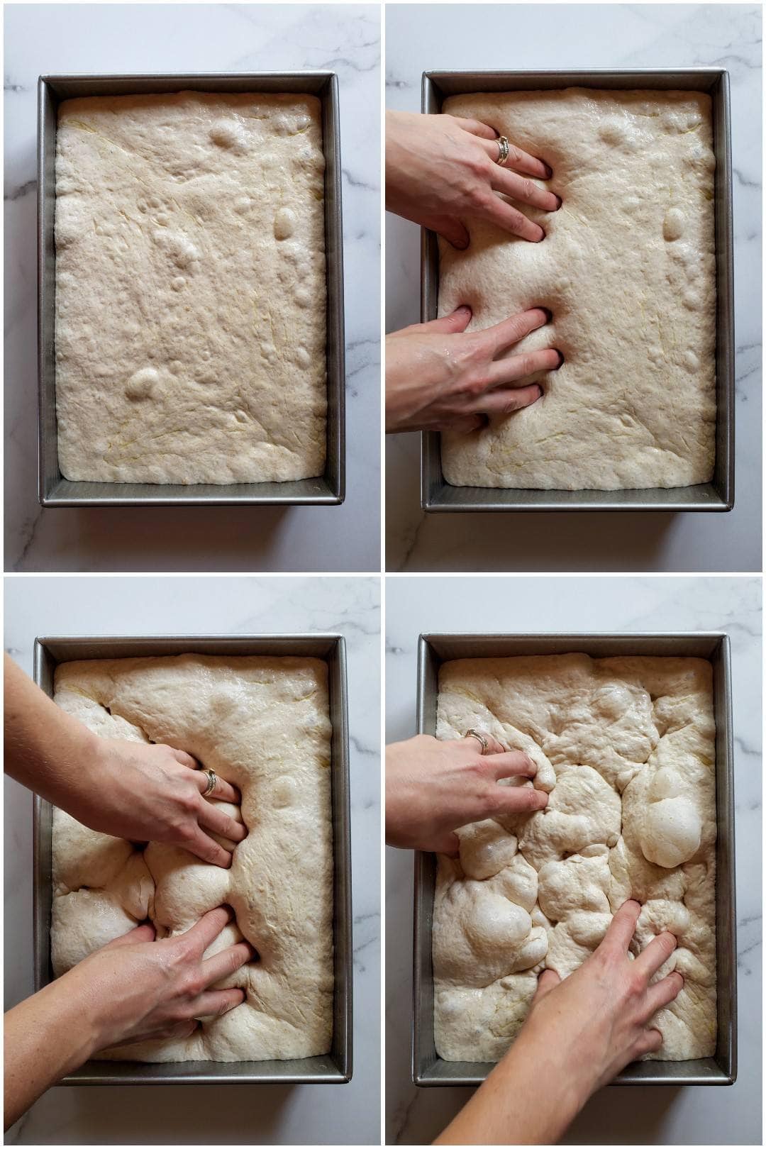 A four part image collage, the first image shows the sourdough focaccia dough after it has risen inside the baking pan. There are some air bubbles that have formed and the dough is fairly pillowy. The second image shows a set of hands with her fingers inserted into a portion of the dough, essentially poking it. The third image shows hands continuing to poke the dough using every finger, and the fourth image shows the hands continuing to poke the dough. The dough has continued to get more airy, bubbly, and pillowy the more times it has been poked from the first image to the fourth image.