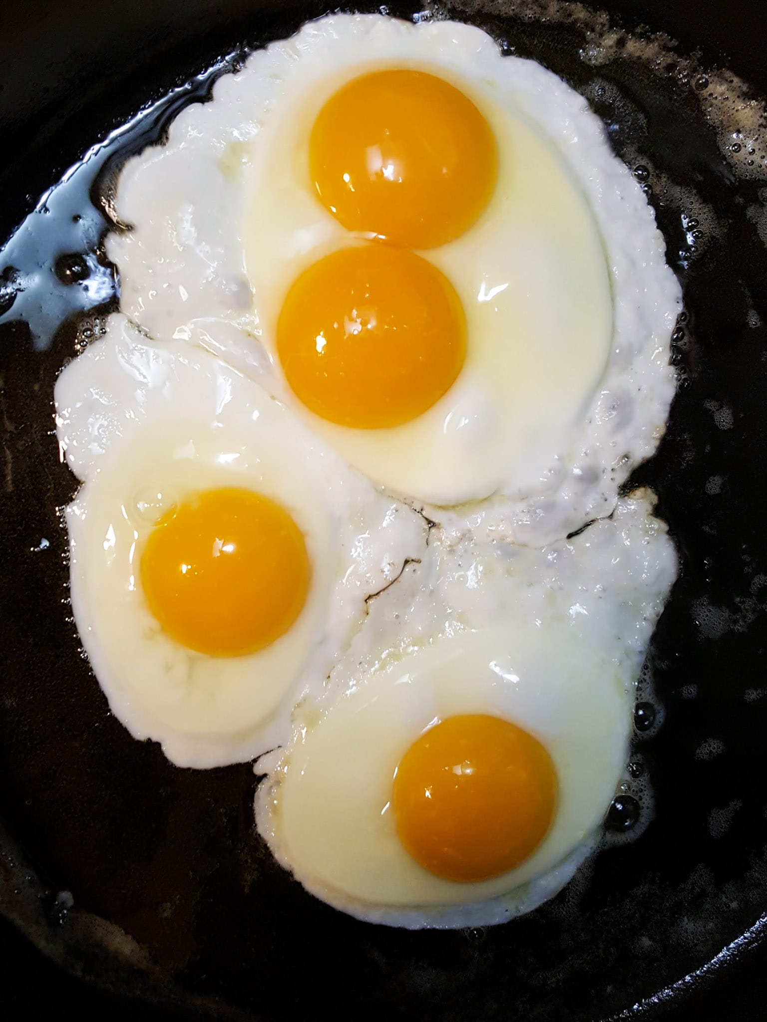Four sunny side up or over easy eggs are being cooked in a cast iron skillet. The oil and edges of the eggs are visibly bubbling while the yolks and inner whites are not yet fully cooked. 