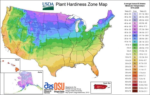 The USDA plant hardiness map, showing all the growing zones by color and region.