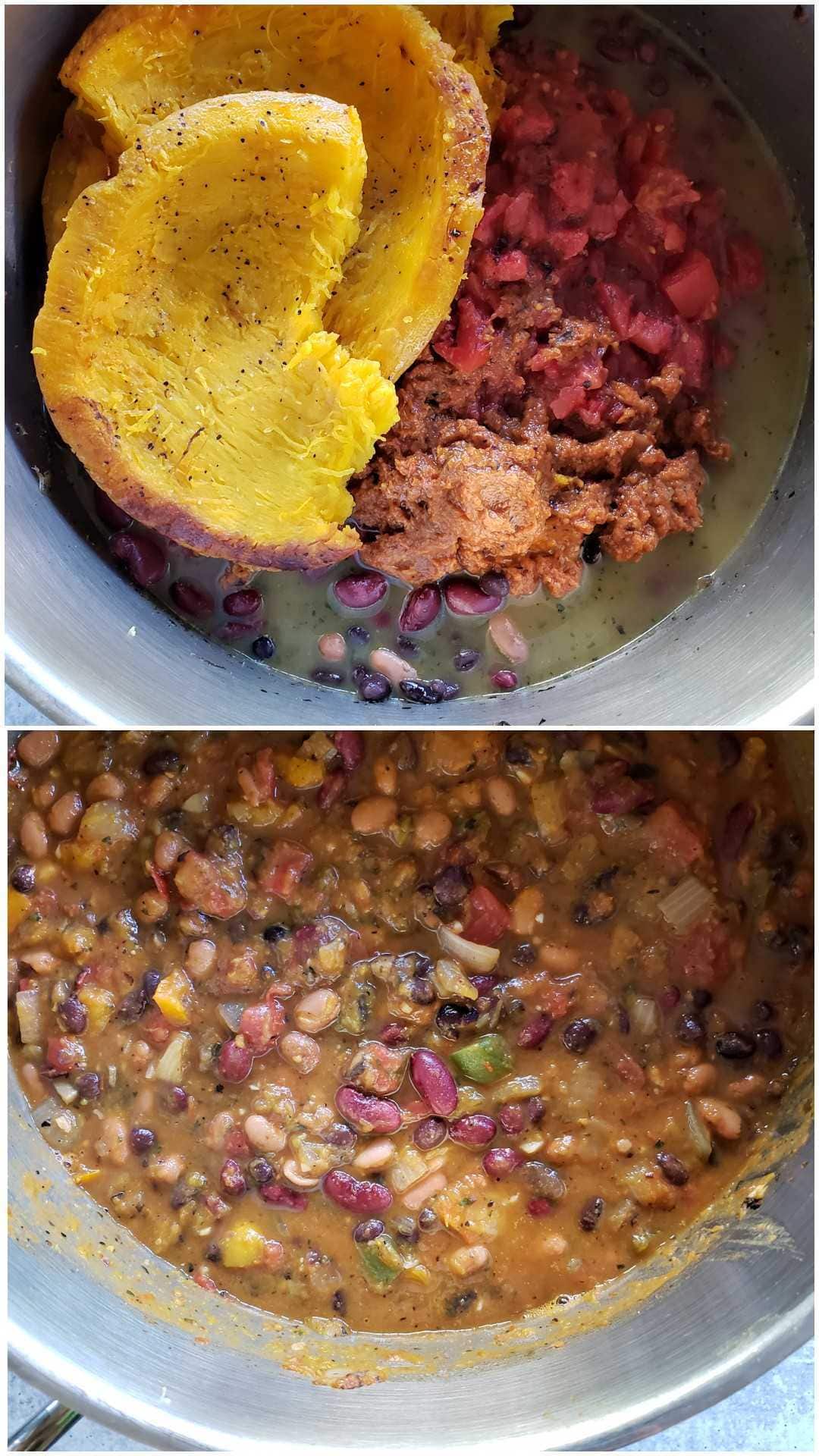 A two part image collage, the first image shows the chili after the broth, tomatoes, beans, and pumpkin have been added to the top of the original sauté. The second image shows the chili once it has been stirred together and mixed well. You can see each type of bean, onions, peppers, tomato and parts of pumpkin. 