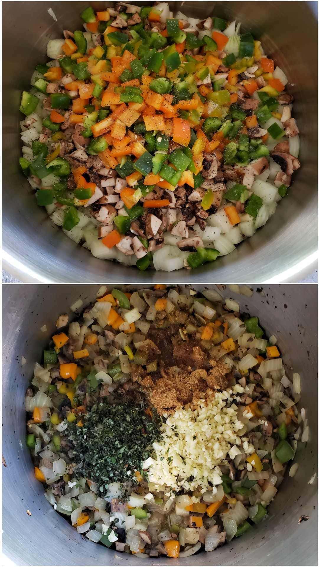 A two way image collage, the first image shows the onions, mushroom, and bell peppers starting to sauté along with a little salt and pepper. The second image shows the vegetables after they have cooked for a few minutes, fresh oregano, garlic, and seasonings have also been added to the top of the sauté. 
