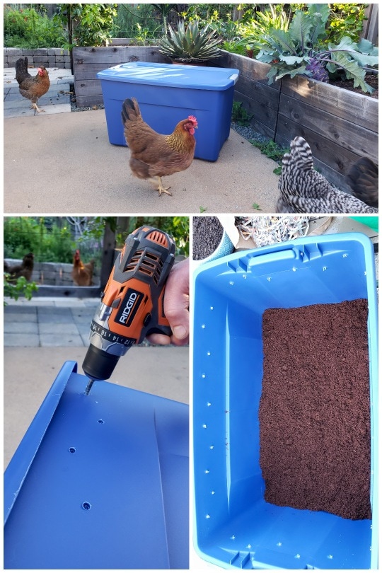 Three images. One of the 35-gallon blue plastic storage bin, one image of holes being drilled in the top sides of it, and another of the bin from above, full of coco coir and showing the air holes added around the top edge. 